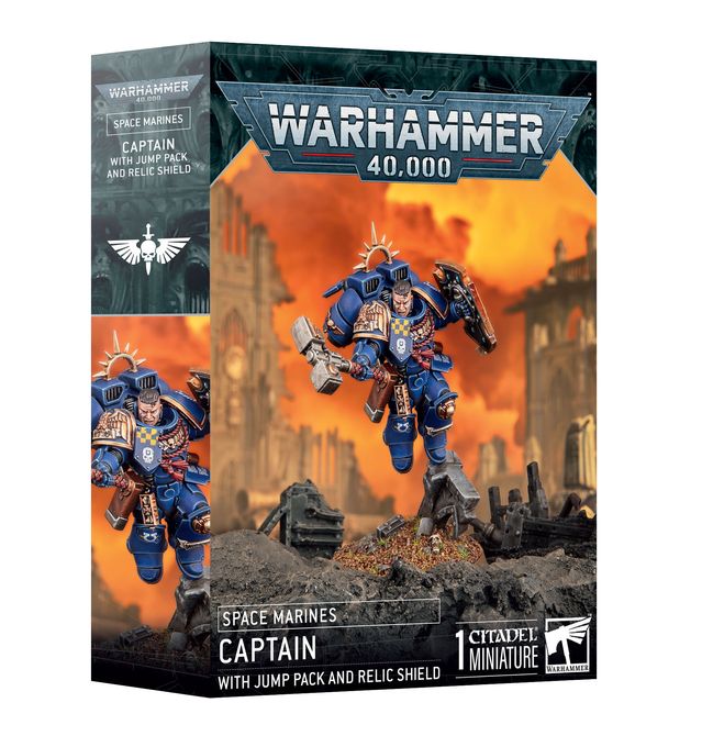 Warhammer 40K: space marines captain with jump pack and relic shield